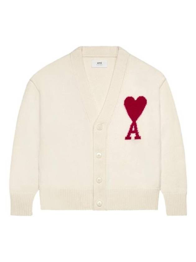 Heart Logo V Neck Wool Cardigan Off White - AMI - BALAAN 4