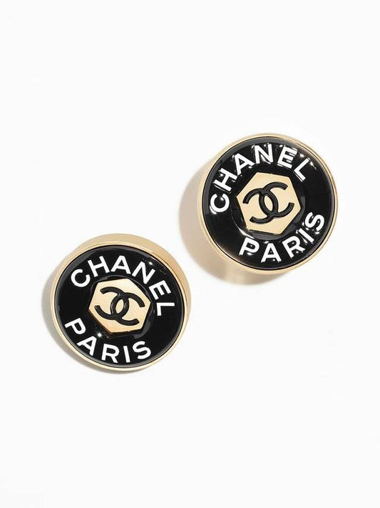 Circle Earrings Lettering Logo Black Gold STK - CHANEL - BALAAN 1