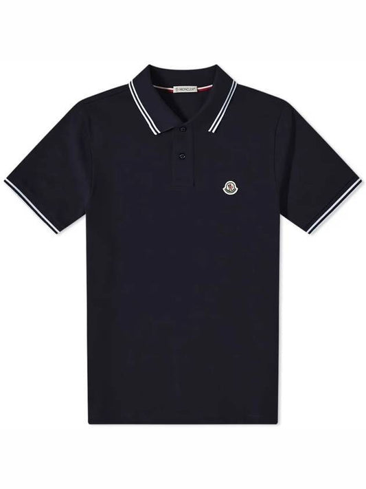 Logo Patch White Stripe Short Sleeve Polo Shirt Navy - MONCLER - BALAAN 1