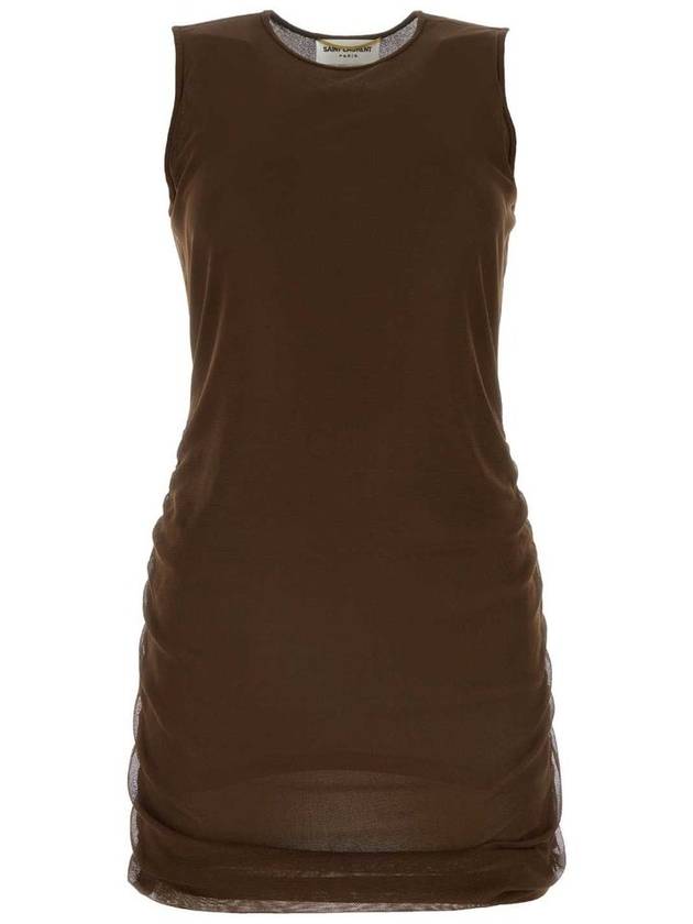 Sleeveless Tulle Short Dress Brown - SAINT LAURENT - BALAAN 2