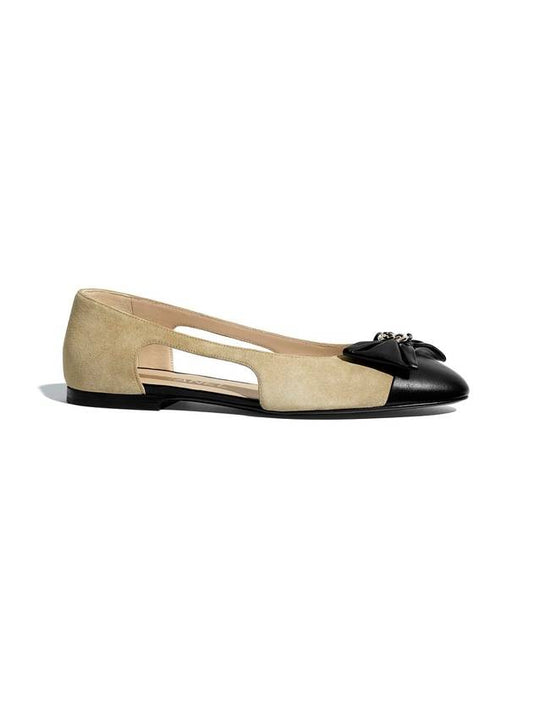 two-tone CC logo ribbon suede flat beige - CHANEL - BALAAN 1