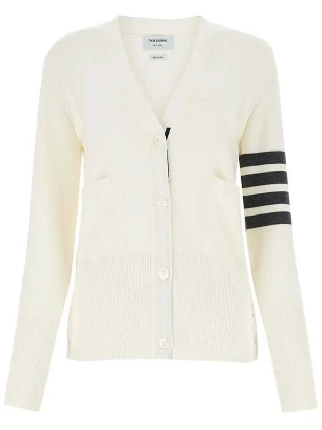 Milano Stitch 4 Bar Classic V Neck Fine Merino Wool Cardigan White - THOM BROWNE - BALAAN 3