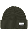 Logo Patch Knit Beanie Green - GANNI - BALAAN.