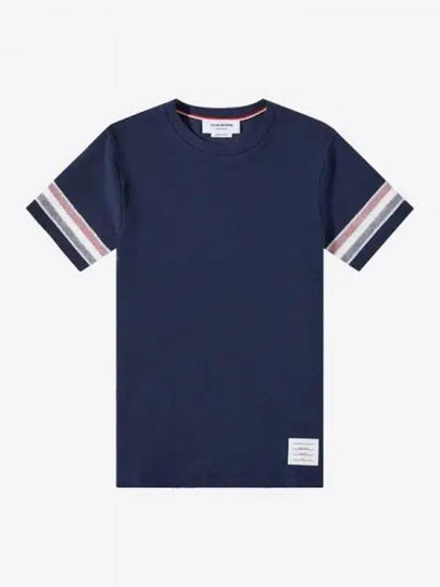 Textured Cotton Stripe Short Sleeve T-Shirt Navy - THOM BROWNE - BALAAN 2