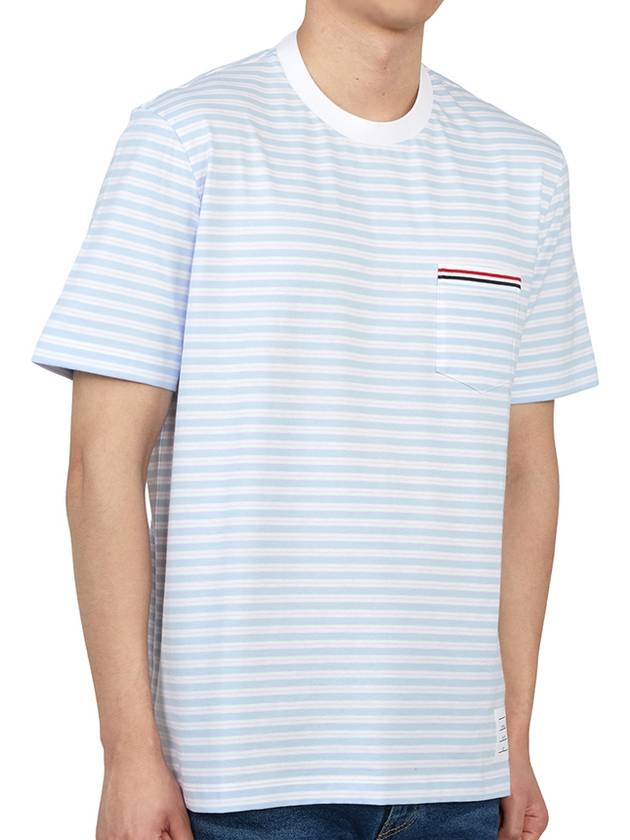 Striped Jersey Pocket Short Sleeve T-Shirt Light Blue White - THOM BROWNE - BALAAN 6