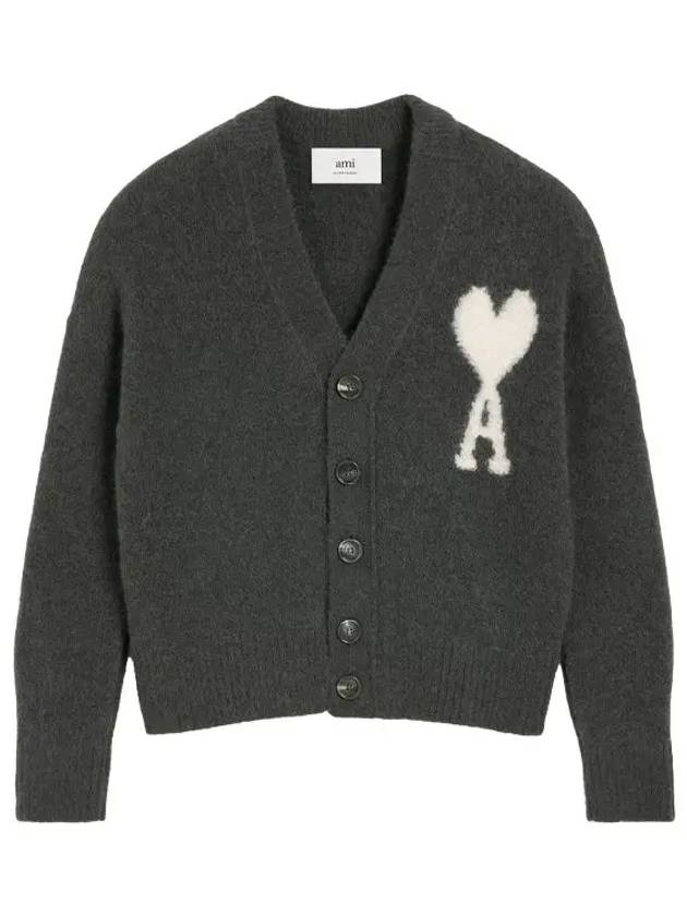 Intarsia Logo Knit Cardigan Dark Grey - AMI - BALAAN 2