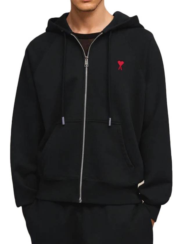 Small Heart Logo Cotton Zip Up Hoodie Black - AMI - BALAAN 5