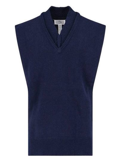 Layered Detail V-Neck Knit Vest Navy - MAISON MARGIELA - BALAAN 2