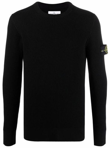 Full Rib Pure Wool Crewneck Knit Top Black - STONE ISLAND - BALAAN 1