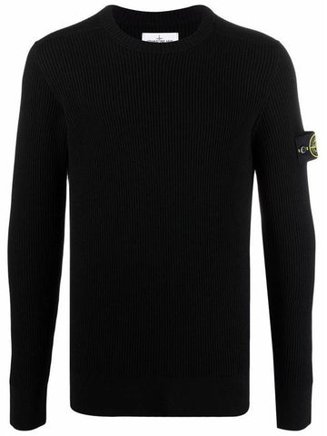 Full Rib Pure Wool Crewneck Knit Top Black - STONE ISLAND - BALAAN 1