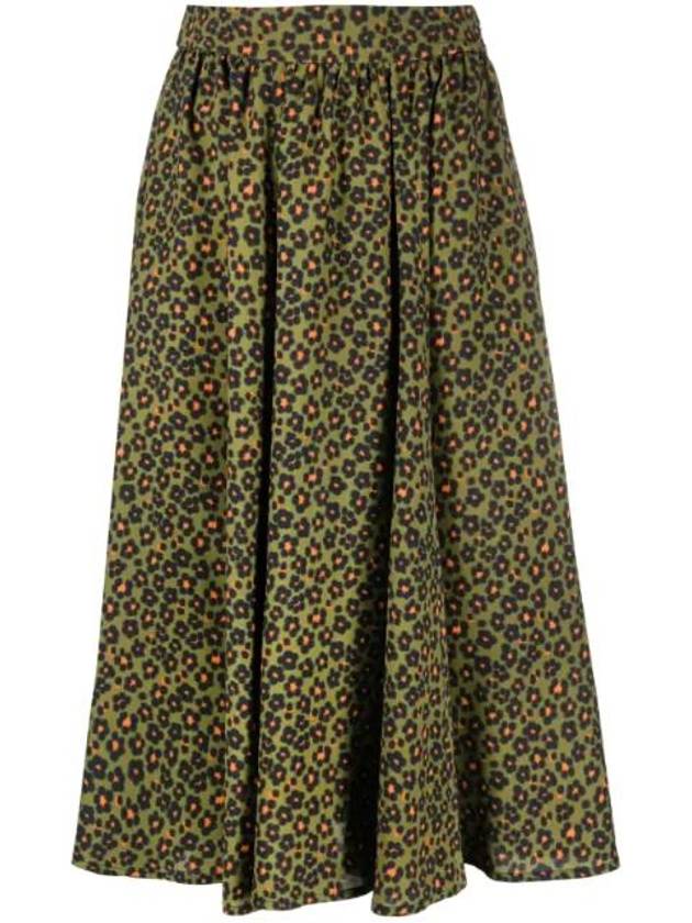 Hana Leopard Floral Print Midi Viscose A-Line Skirt Dark Green - KENZO - BALAAN 1