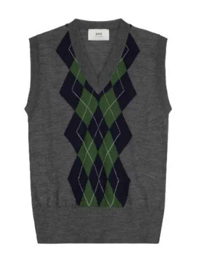 Argyle jacquard knit vest gray - AMI - BALAAN 1