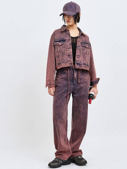 Wine Cropped Denim Jacket Pants Set Pink - C WEAR BY THE GENIUS - BALAAN 2