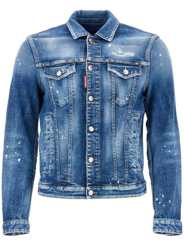 navy blue vintage look cotton denim jacket - DSQUARED2 - BALAAN 1