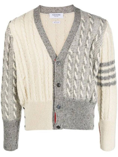 Funmix Donnyroll Cable 4 Bar V-Neck Cardigan White - THOM BROWNE - BALAAN 1