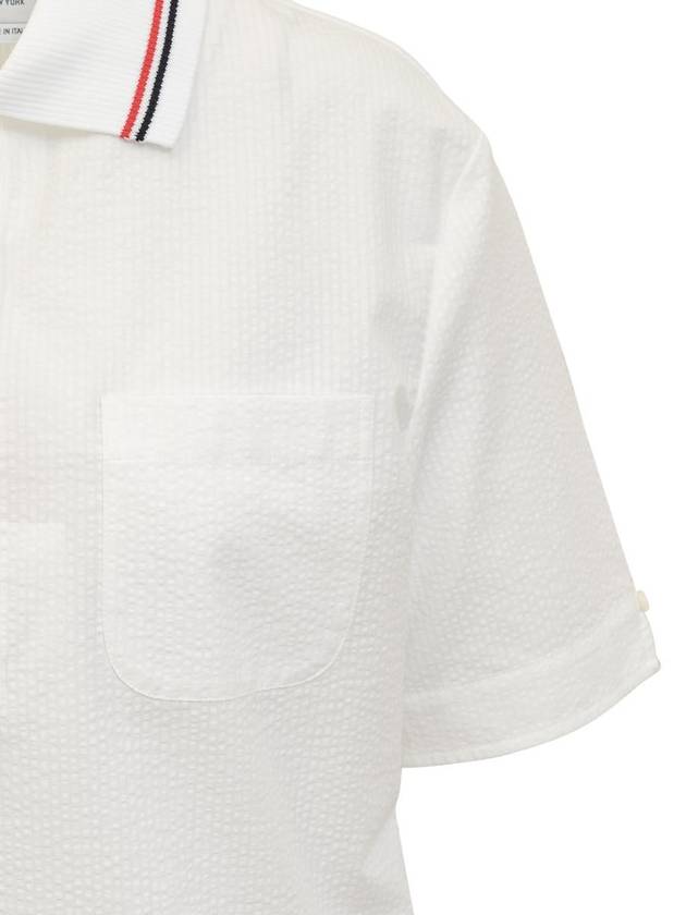 Seersucker Cotton Polo Shirt White - THOM BROWNE - BALAAN 5