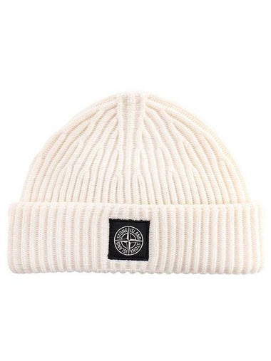 Logo Patch Rib Wool Beanie Off White - STONE ISLAND - BALAAN 1