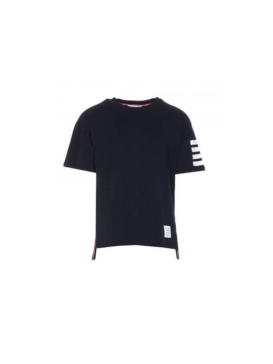 4-Bar Striped Cotton Short Sleeve T-Shirt Navy - THOM BROWNE - 1