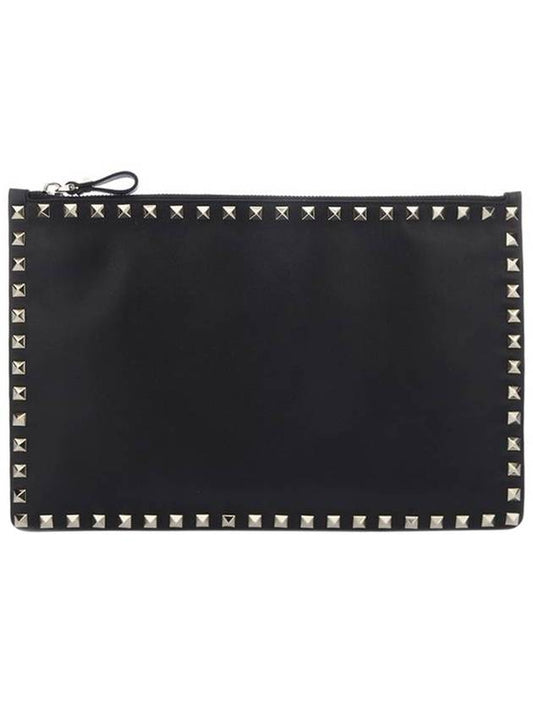 Rockstud leather clutch bag black - VALENTINO - BALAAN.