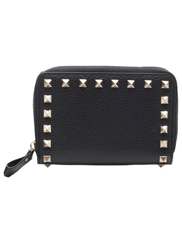 Rockstud Zipper Leather Half Wallet Black - VALENTINO - BALAAN 1