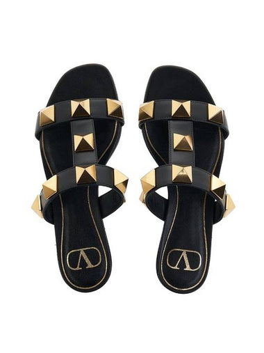 Women's Leather Roman Studded Flat Slippers Black - VALENTINO - BALAAN 1