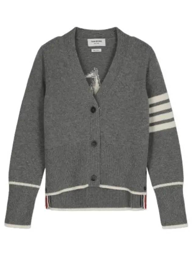 Diagonal back print V neck cardigan gray - THOM BROWNE - BALAAN 1