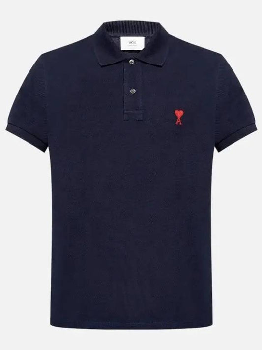 Men's Heart Logo Polo Shirt Navy - AMI - BALAAN 2