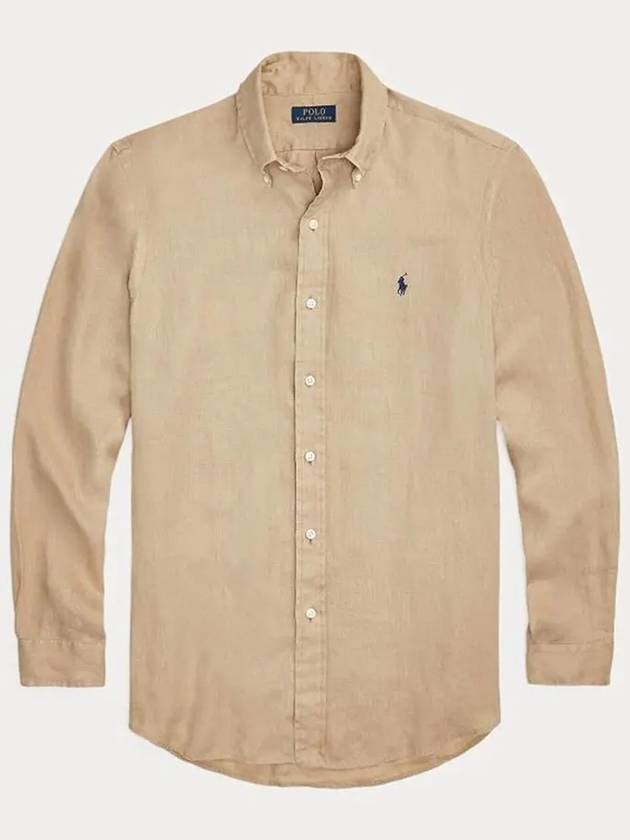 Embroidered Logo Linen Long Sleeve Shirt Brown - POLO RALPH LAUREN - BALAAN 2