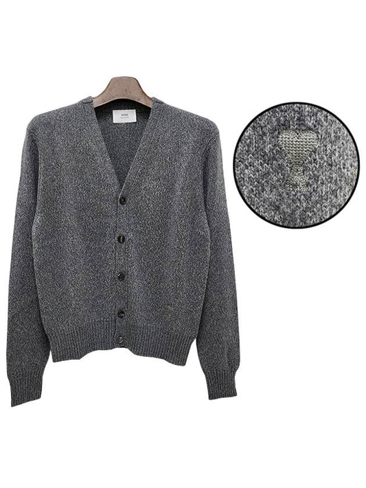 Heart Logo V Neck Cashmere Cardigan Heather Grey - AMI - BALAAN 2