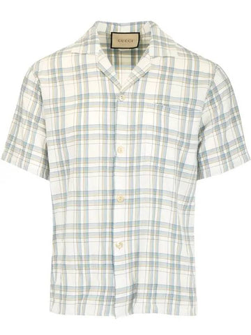 Viscose Check Bowling Short Sleeve Shirt Ivory Light Blue - GUCCI - BALAAN 1