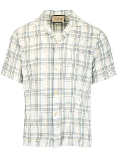 Viscose Check Bowling Short Sleeve Shirt Ivory Light Blue - GUCCI - BALAAN 1