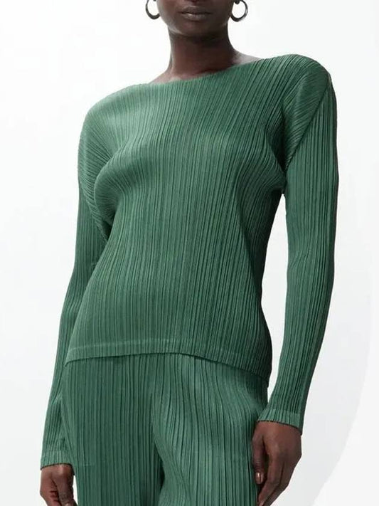 Pleated please boat neckline technical long sleeve top green JK161 63 - ISSEY MIYAKE - BALAAN 1