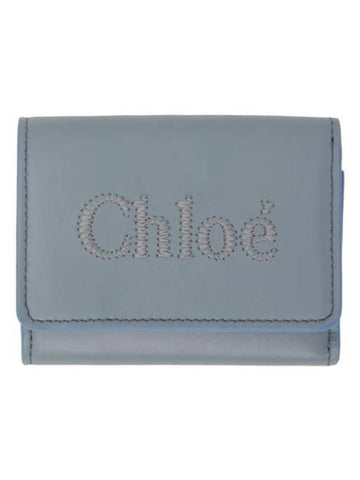 Embroidered Logo Leather Half Wallet Blue - CHLOE - BALAAN 1