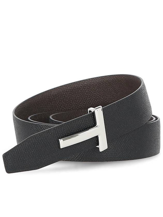 Silver Hardware T Logo Reversible Leather Belt Black Dark Brown - TOM FORD - BALAAN.