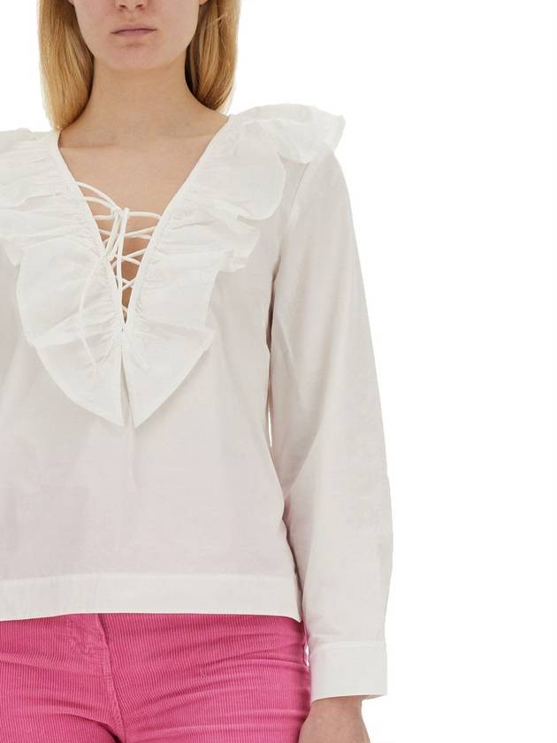 Cotton Poplin Ruffle V-Neck Blouse Bright White - GANNI - BALAAN 5