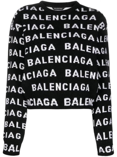 Intarsia All-Over Logo Crew Neck Knit Top Black - BALENCIAGA - BALAAN 1