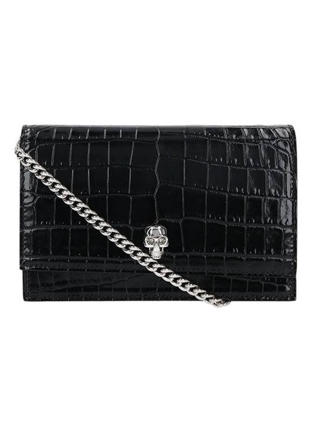 Silver Skull Crocodile Leather Chain Small Cross Bag Black - ALEXANDER MCQUEEN - BALAAN.