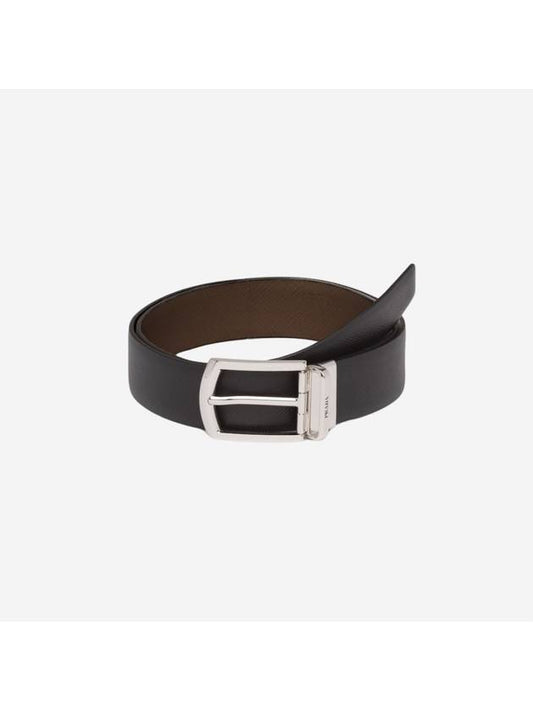 Reversible Saffiano Leather Belt Black Burnt Sienna - PRADA - BALAAN