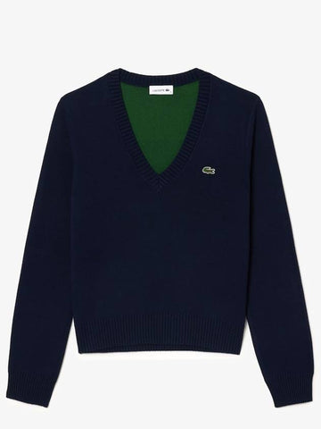 Cotton V Neck Knit Top Midnight Blue - LACOSTE - BALAAN 1