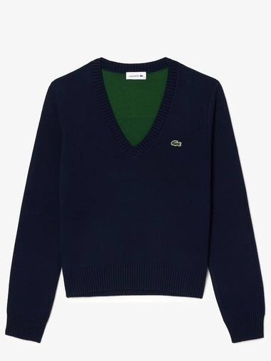 Cotton V Neck Knit Top Midnight Blue - LACOSTE - BALAAN 1