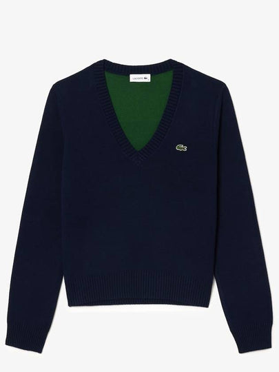 Cotton V Neck Knit Top Midnight Blue - LACOSTE - BALAAN 2