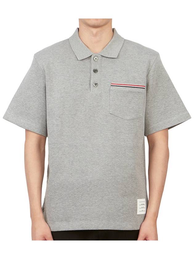 RWB Pocket Interlock Cotton Short Sleeve Polo Shirt Grey - THOM BROWNE - BALAAN 4