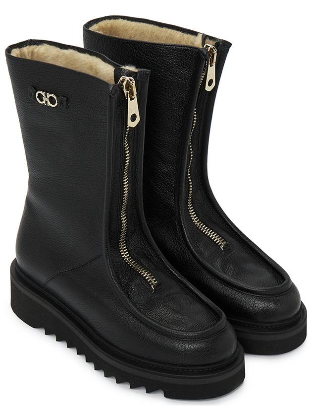 Salvatore Women's ERIALO Gancini Leather Zip-up Middle Boots Black - SALVATORE FERRAGAMO - BALAAN.