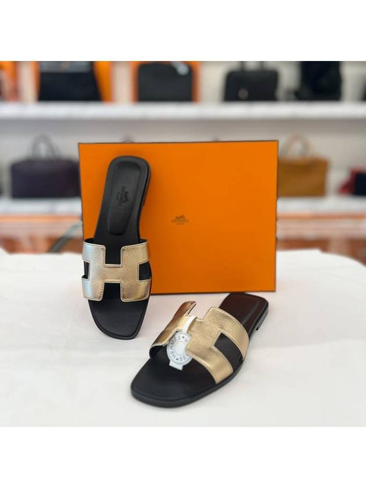 Oran Leather Sandals Slippers Metal Gold - HERMES - BALAAN 1