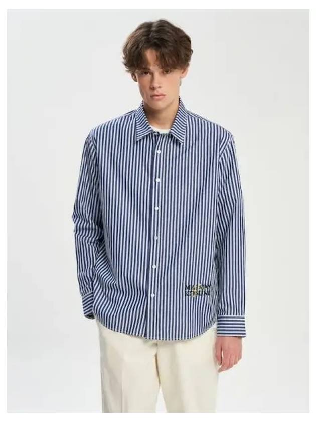 Men s casual shirt blouse southern striped cotton logo flower embroidery ink blue sky domestic product GM0023090468758 - MAISON KITSUNE - BALAAN 1