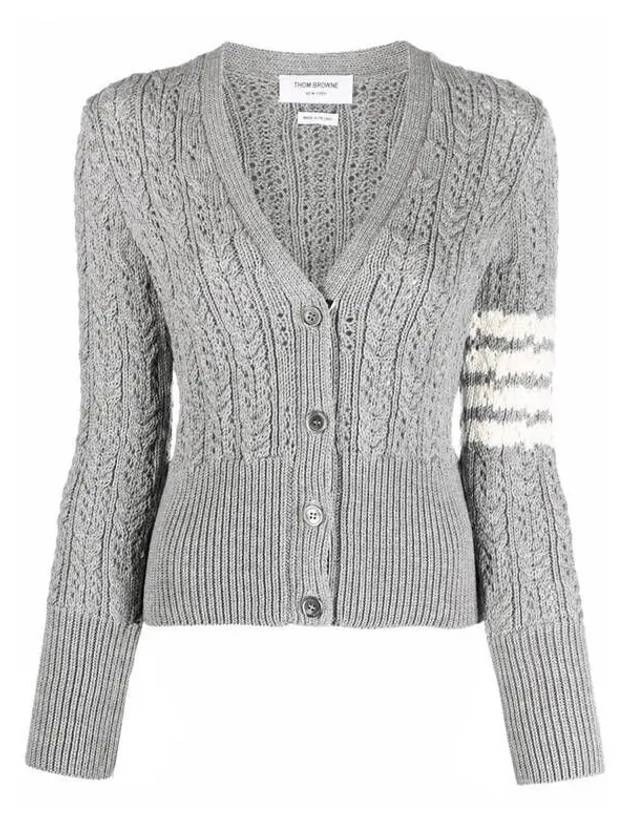 Women's Irish Pointelle Cable 4 Bar V Neck Cardigan Light Grey - THOM BROWNE - BALAAN 2