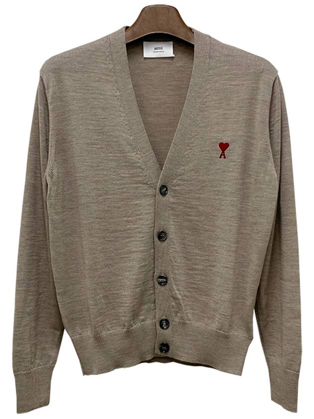 Red Heart Logo Merino Wool Cardigan Beige - AMI - BALAAN 3