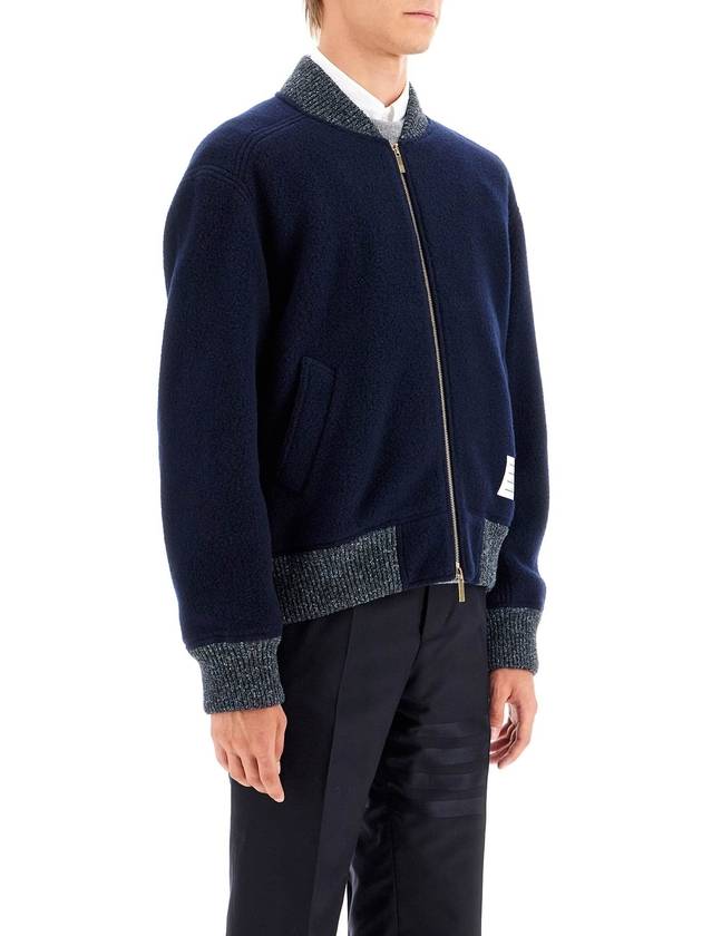 Fleece Stripe Wool Bomber Jacket Navy - THOM BROWNE - BALAAN 3