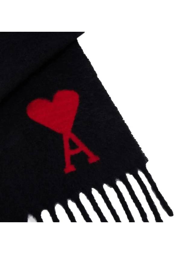 Heart Logo Oversized Wool Fringe Scarf Black - AMI - BALAAN 4