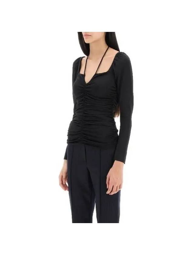 Shiny Crepe Jersey Ruched Blouse Black - GANNI - BALAAN 5